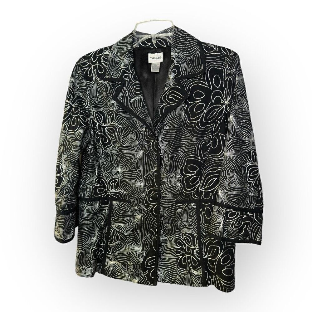 Chico's Black/white floral embroidered blazer jacket woman’s size 1